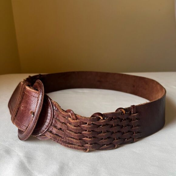 Vintage 90s Liz Claiborne Wide Brown Woven Leather Waist Belt L Covered Buckle - Picture 3 of 8